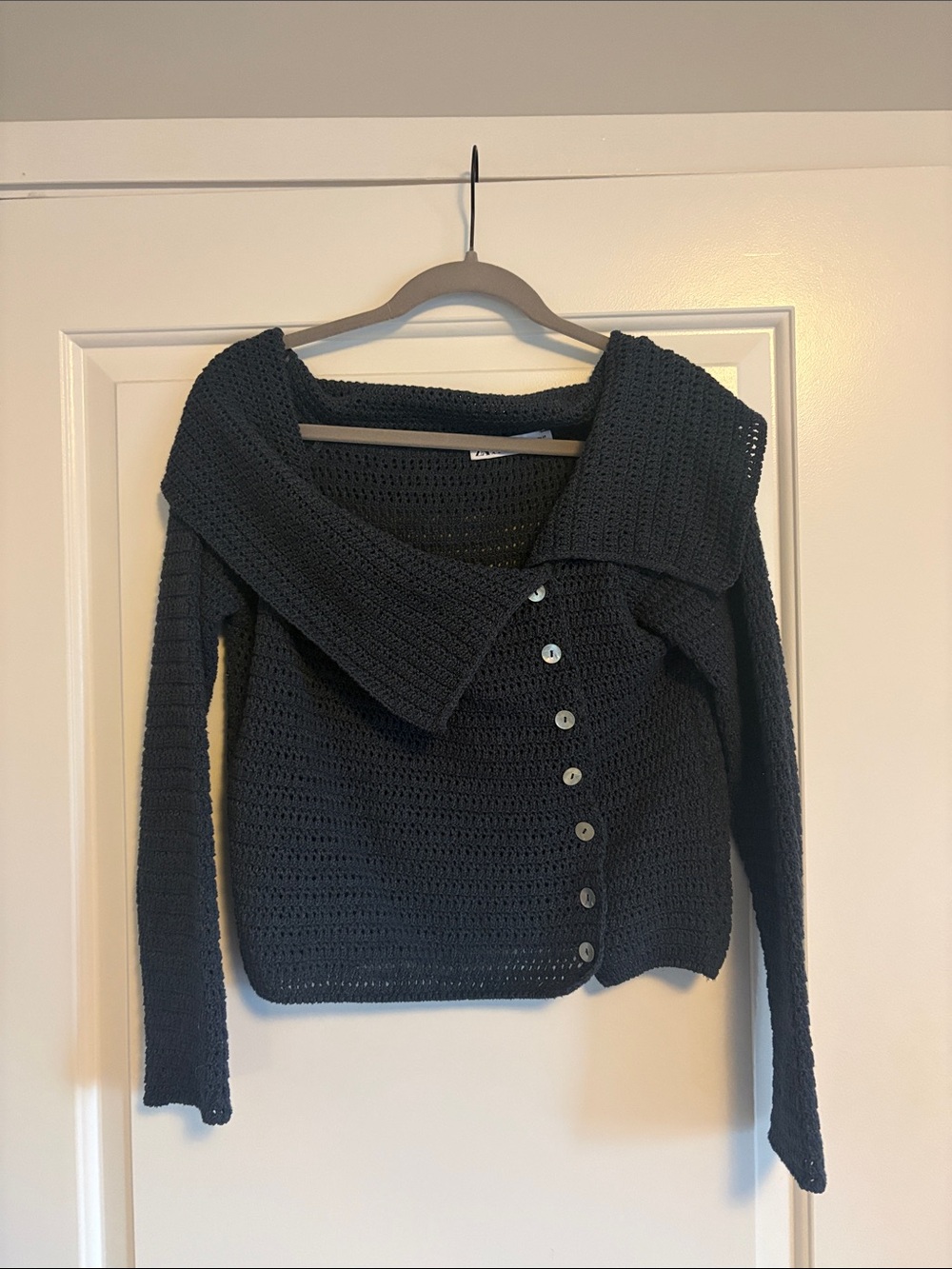 Zara Blue Off-Shoulder Crochet Button Sweater